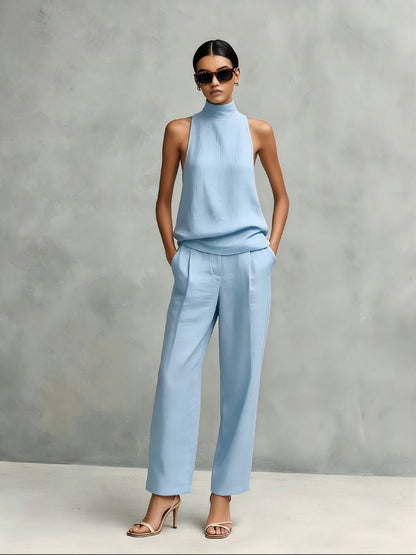Women's Elegant Cotton And Linen Round-neck Sleeveless Top And Trousers Set