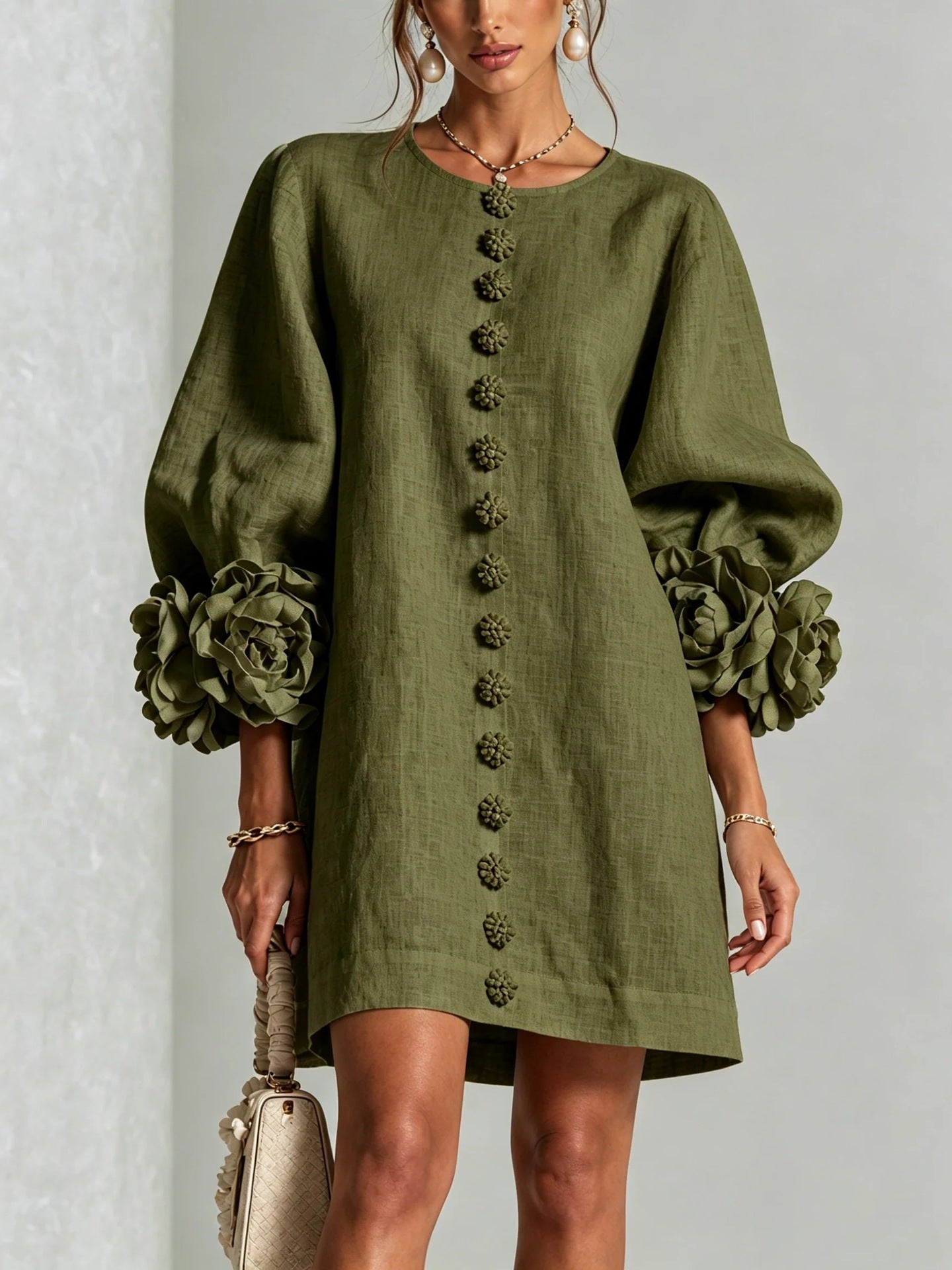 Blush Pink Fabric Floral Appliqué Balloon‑Sleeve Shift Mini Dress