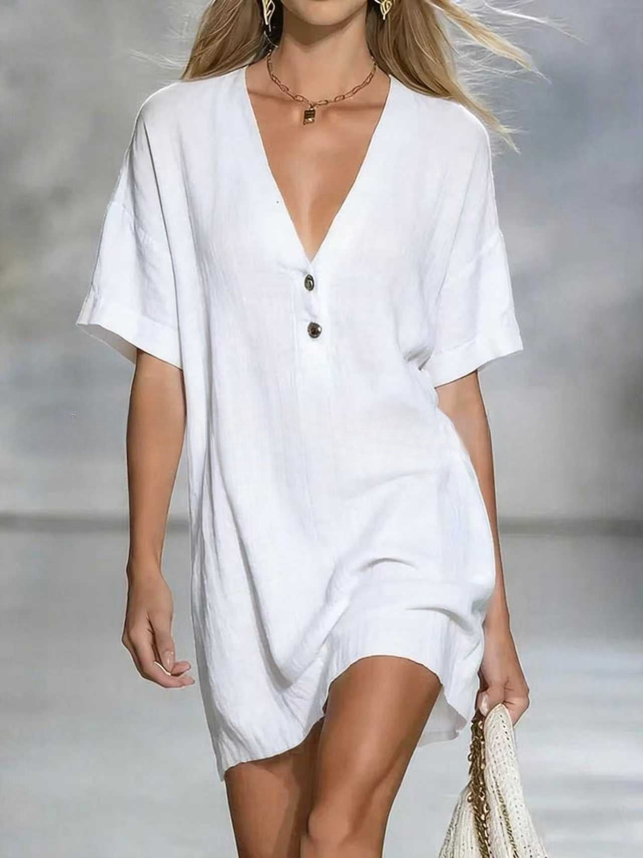 Effortless Chic Linen-Blend V-Neck Shirt Dress