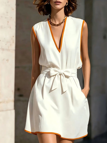 Contrast Piping V-Neck Self Tie Belt Sleeveless Mini Dress