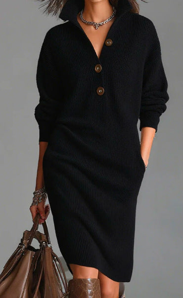 Women's Autumn Casual Lapel Button Loose Mid-Length Sweater Dress