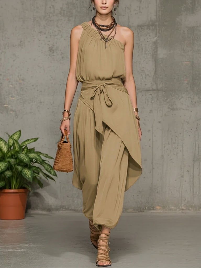 Stylish Casual Linen And Cotton One-shoulder Sleeveless Jumpsuit