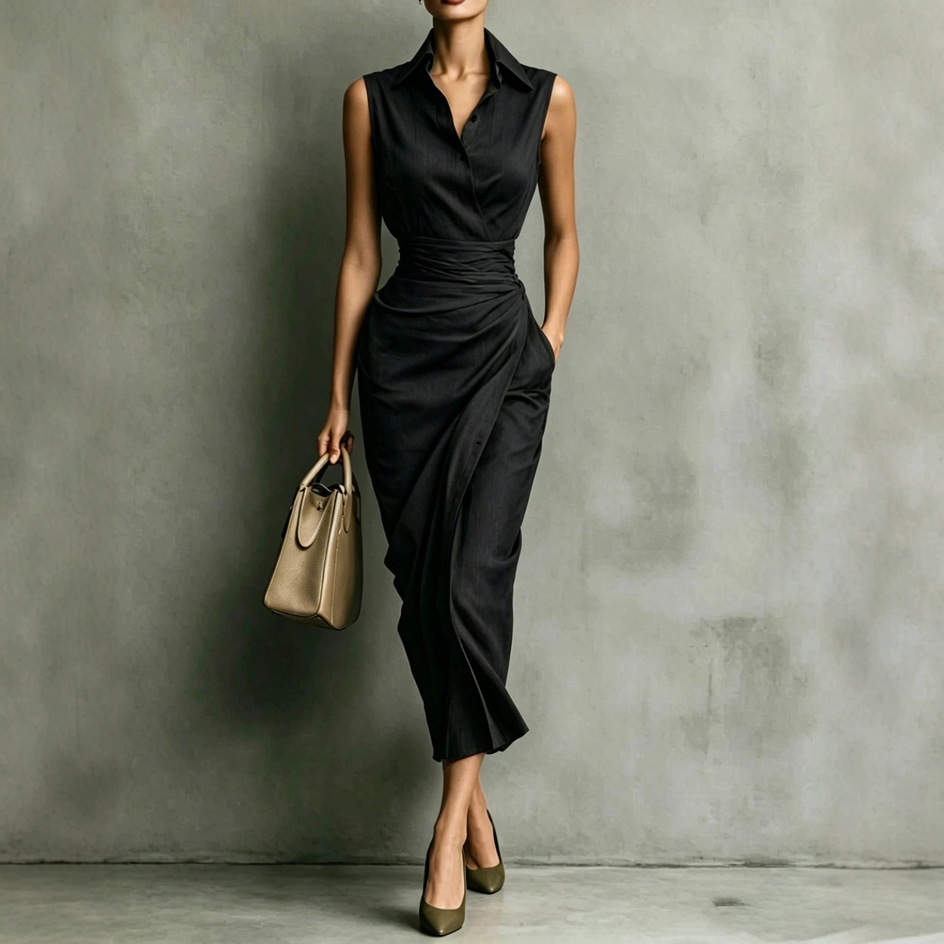 Women's Burgundy Sleeveless Wrap Shirt Midi Dress - Elegant Office & Evening Wear