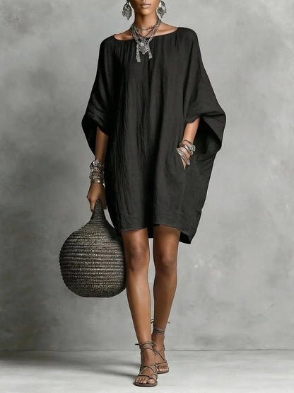 Women's Solid-color round-neck 3/4-sleeve Casual Loose Cotton-linen Dress