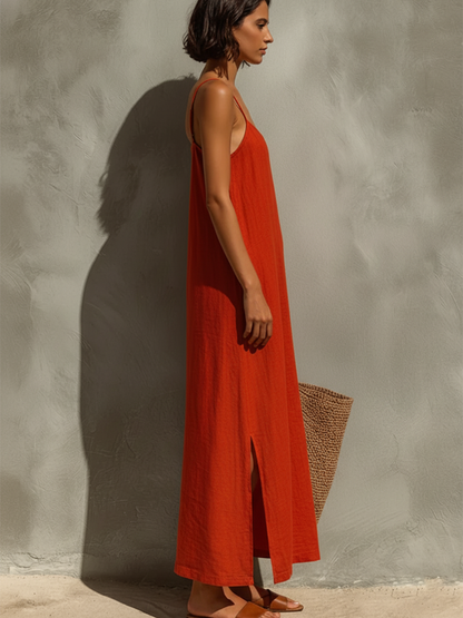 Women's Red Cotton Dress With Spaghetti Straps & Square Neck, Timeless Boho-Resort Style Dress