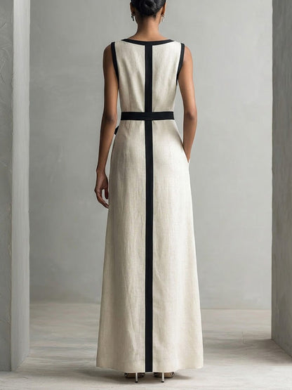 Women's Round Neck Sleeveless Casual Loose Cotton Linen Dress