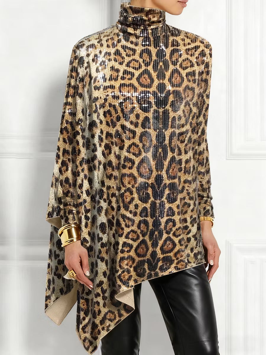 Leopard Sequin Turtleneck Asymmetric Draped Long Sleeve Loose Blouse Top