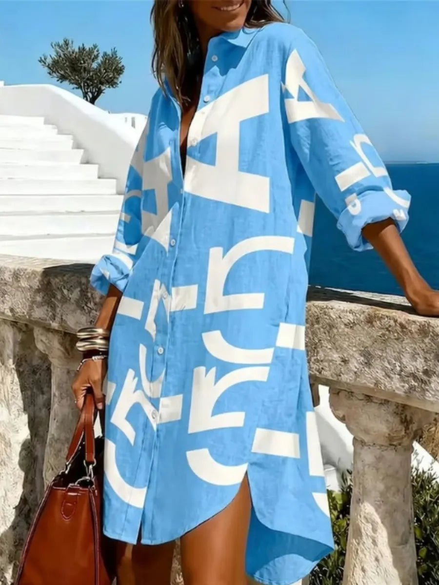 Color-Block Letter Print Loose Long-Sleeve Dress