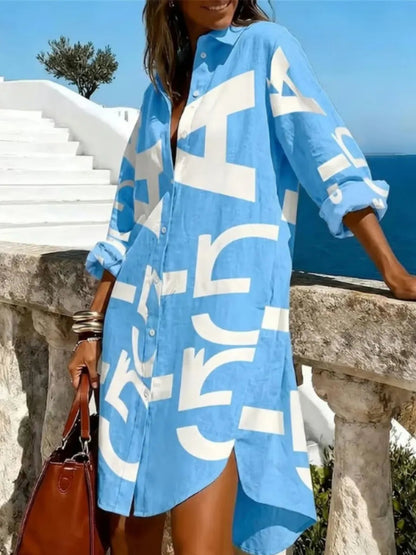 Color-Block Letter Print Loose Long-Sleeve Dress