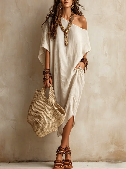 Slanted Shoulder Cotton And Linen Dress Women'S Loose Bat Sleeves Mid-Length Slit Holiday Dress