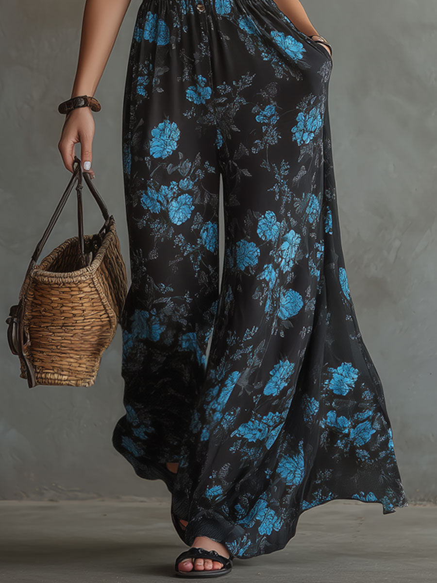 Elegant Retro Floral Print Black Chiffon Sleeveless Jumpsuit