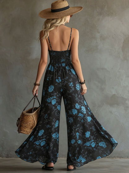 Elegant Retro Floral Print Black Chiffon Sleeveless Jumpsuit