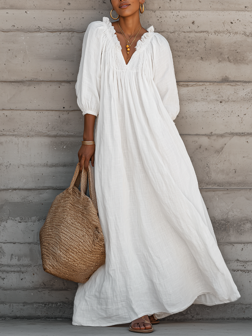 Women's Breezy Cotton-linen Maxi Dress With Lettuce-edge V-neck—perfect For Vacation