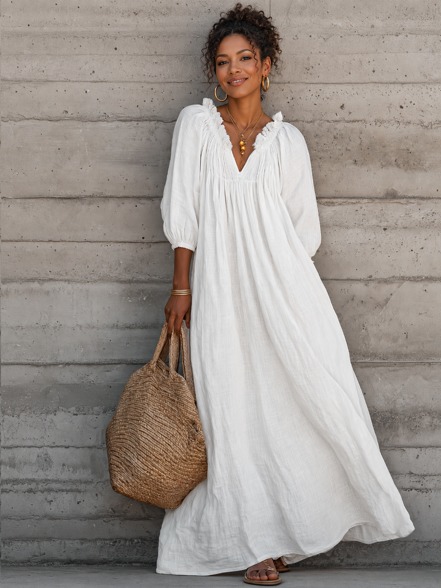 Women's Breezy Cotton-linen Maxi Dress With Lettuce-edge V-neck—perfect For Vacation