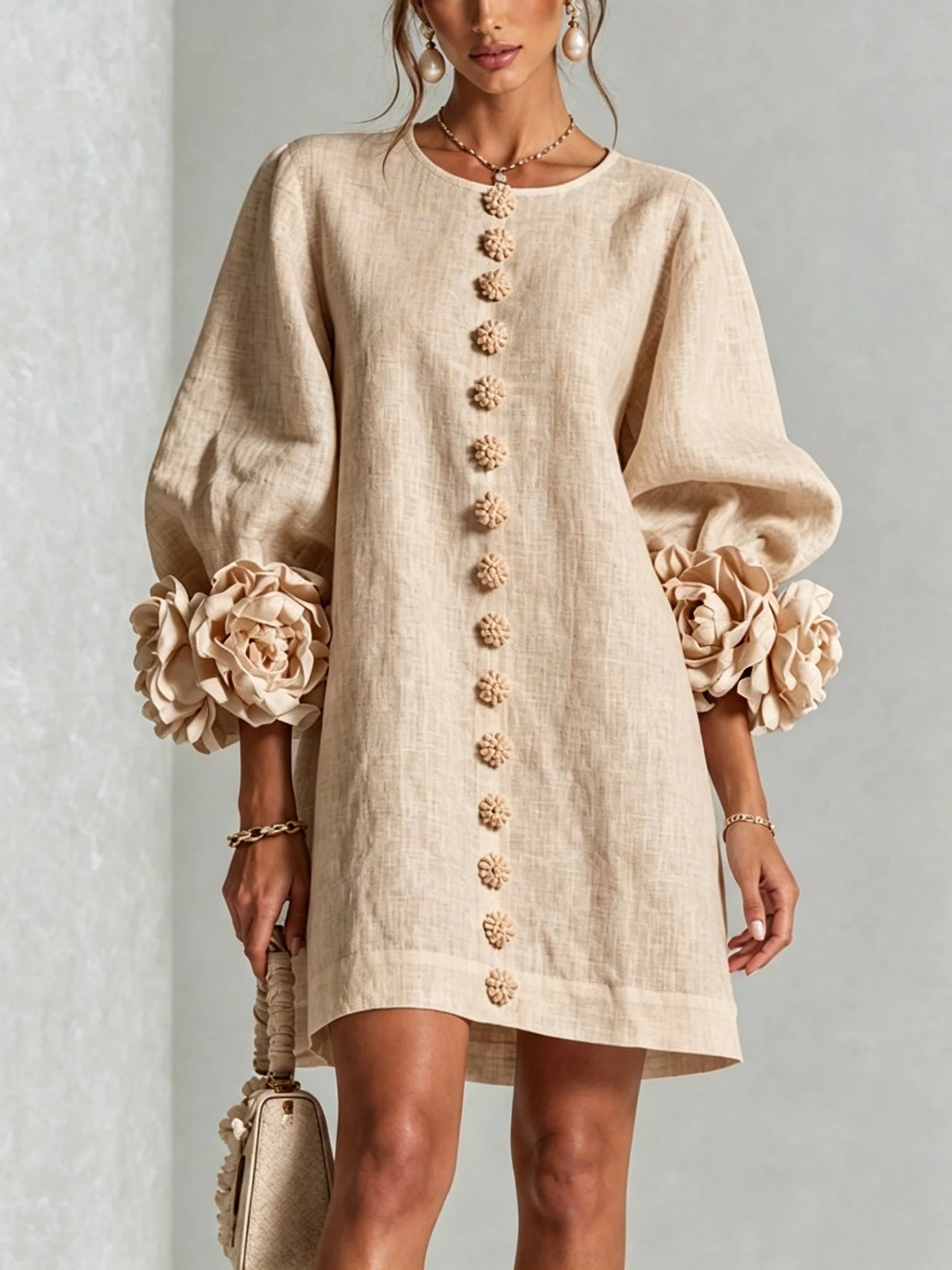 Blush Pink Fabric Floral Appliqué Balloon‑Sleeve Shift Mini Dress