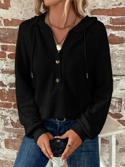 Waffle Knit Button Detail Hoodie