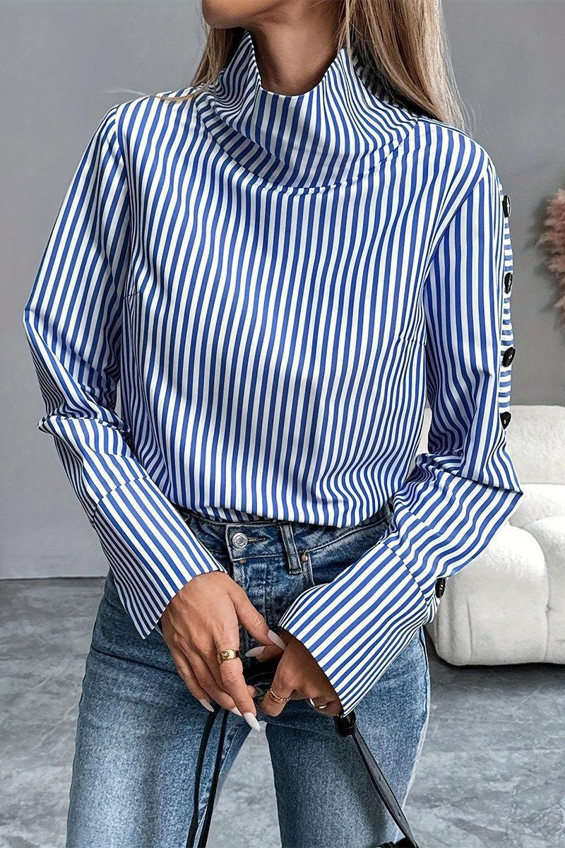 Blue Striped High Neck Top