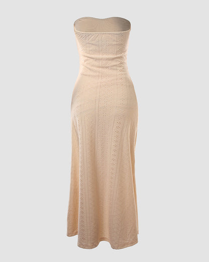 Sleeveless Ruched Cinched Waist Draped Bandeau Dress Eyelet Embroidery Slit Asymmetrical Hem Vacation Dress