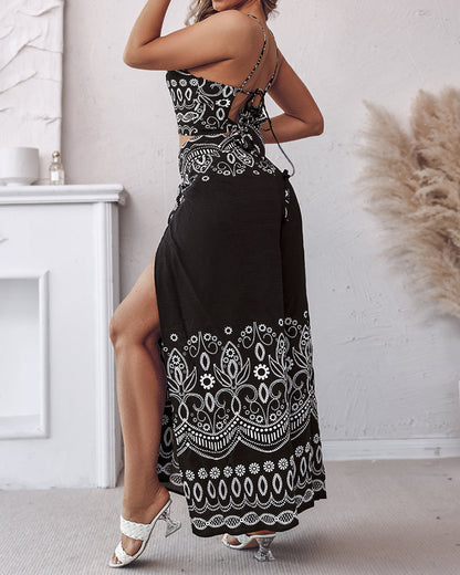 2 Pieces Outfits Tribal Print Keyhole Neck Sleeveless Top and Wide Leg Tied Detail Slit Pants Sets