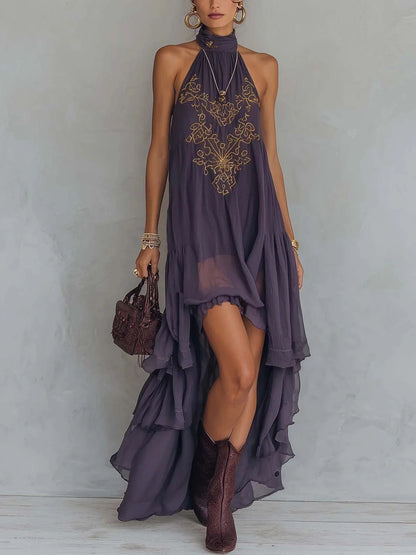 Boho Embroidered High-Low Halter Maxi Dress