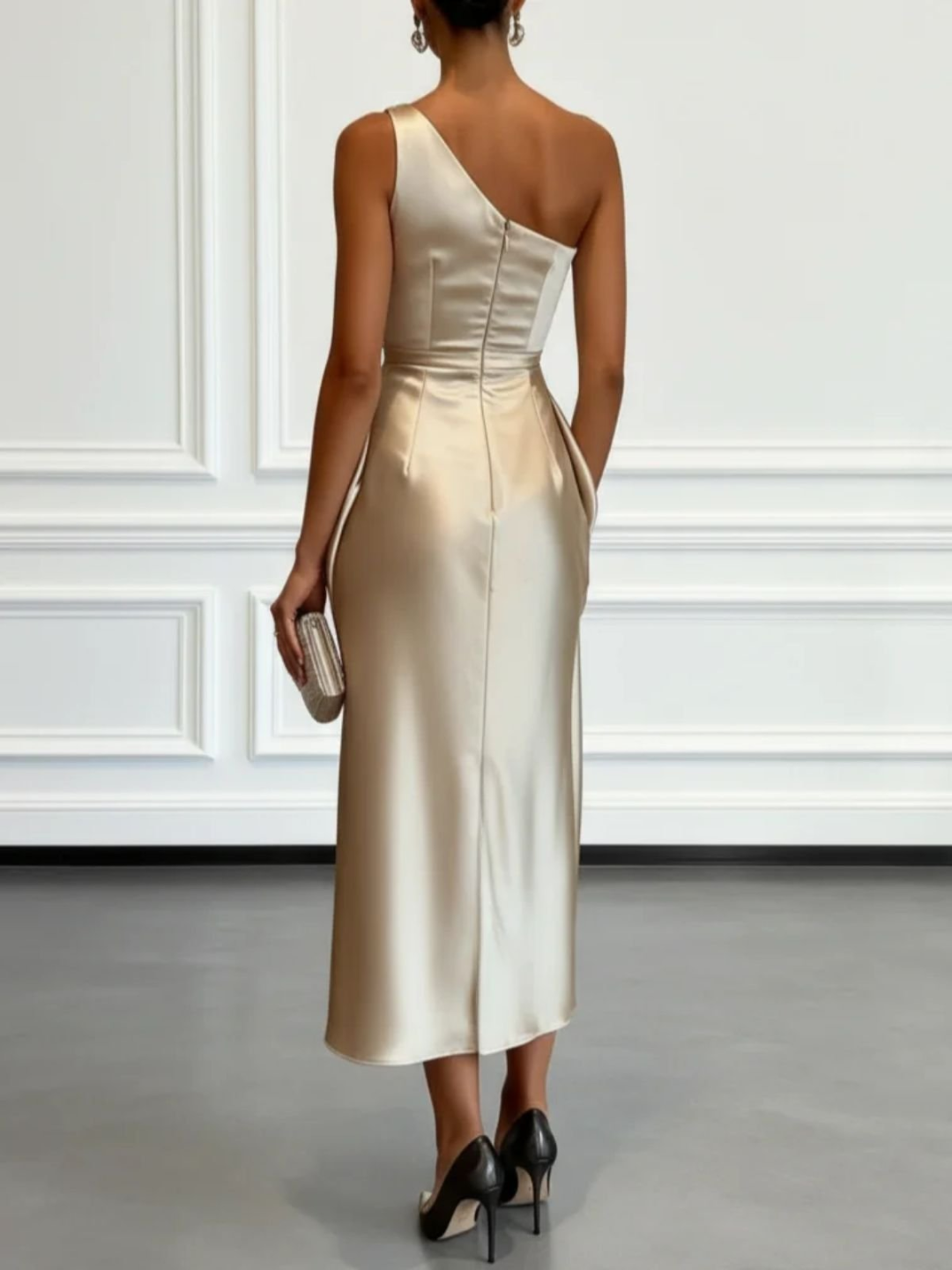 Satin One-shoulder Sleeveless Ruffled Midi Dress
