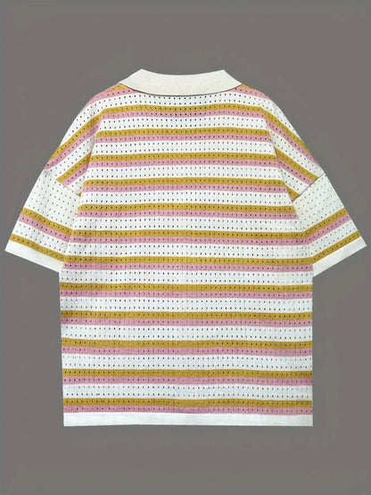 Colorful Striped Button Up Top and Shorts Sweater Set