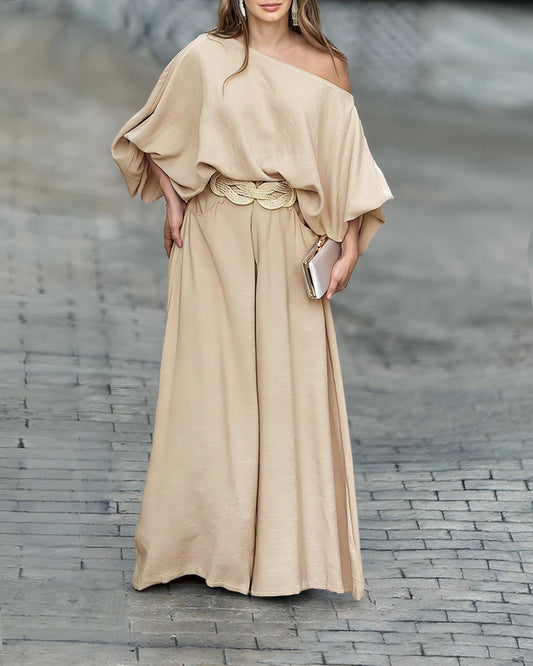 Skew Neck Lantern Sleeve Loose Top & Zipper Fly Wide Leg Pants Set Without Belt