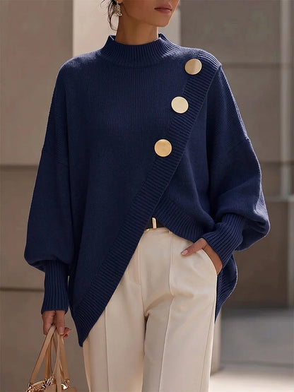 Mock Neck Oversized Batwing Sleeve Asymmetric Hem Knit Sweater With Decorative Gold Buttons