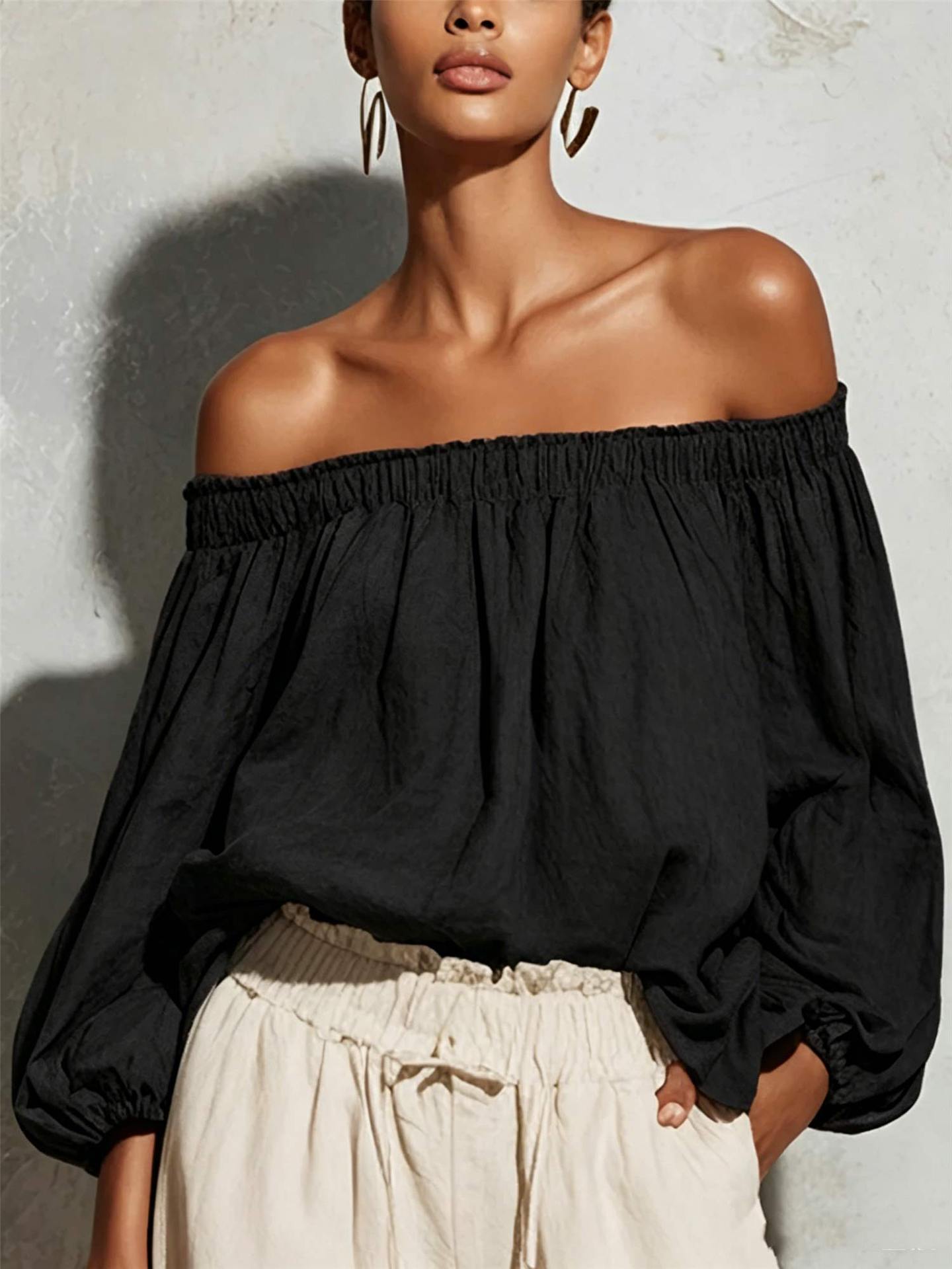 Women Off Shoulder Puff Bubble Sleeve Crinkled Casual Blouse