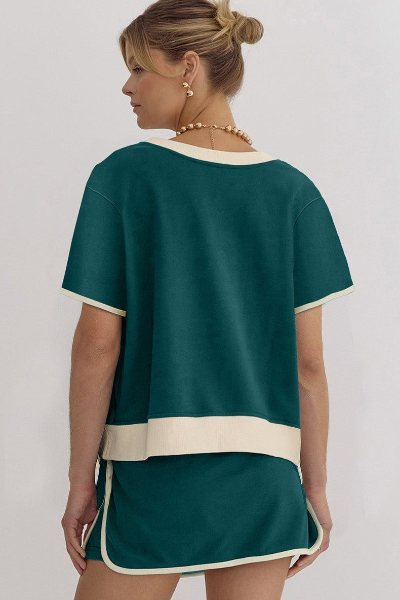 Women's Colorblock Edge Drop Shoulder T Shirt Skort 2 Pcs Set