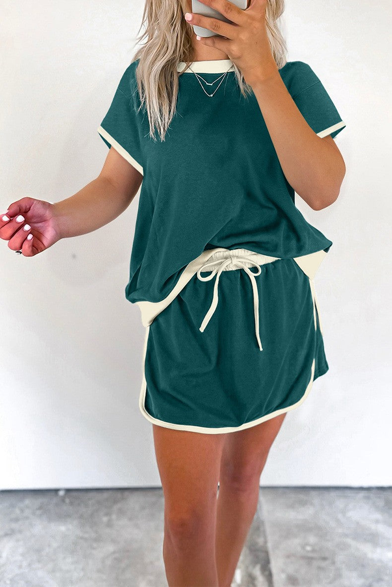 Women's Colorblock Edge Drop Shoulder T Shirt Skort 2 Pcs Set