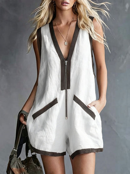 Women's V-neck Sleeveless Casual Loose Cotton-linen Wide-leg Romper