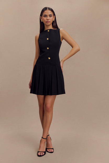 Sleeveless Pleated Mini Dress - Black