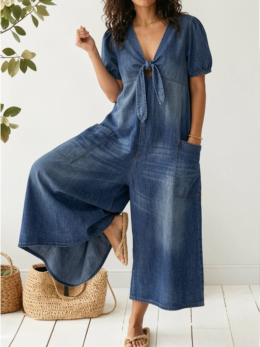 Light Wash Tie-Front Denim Wide-Leg Jumpsuit