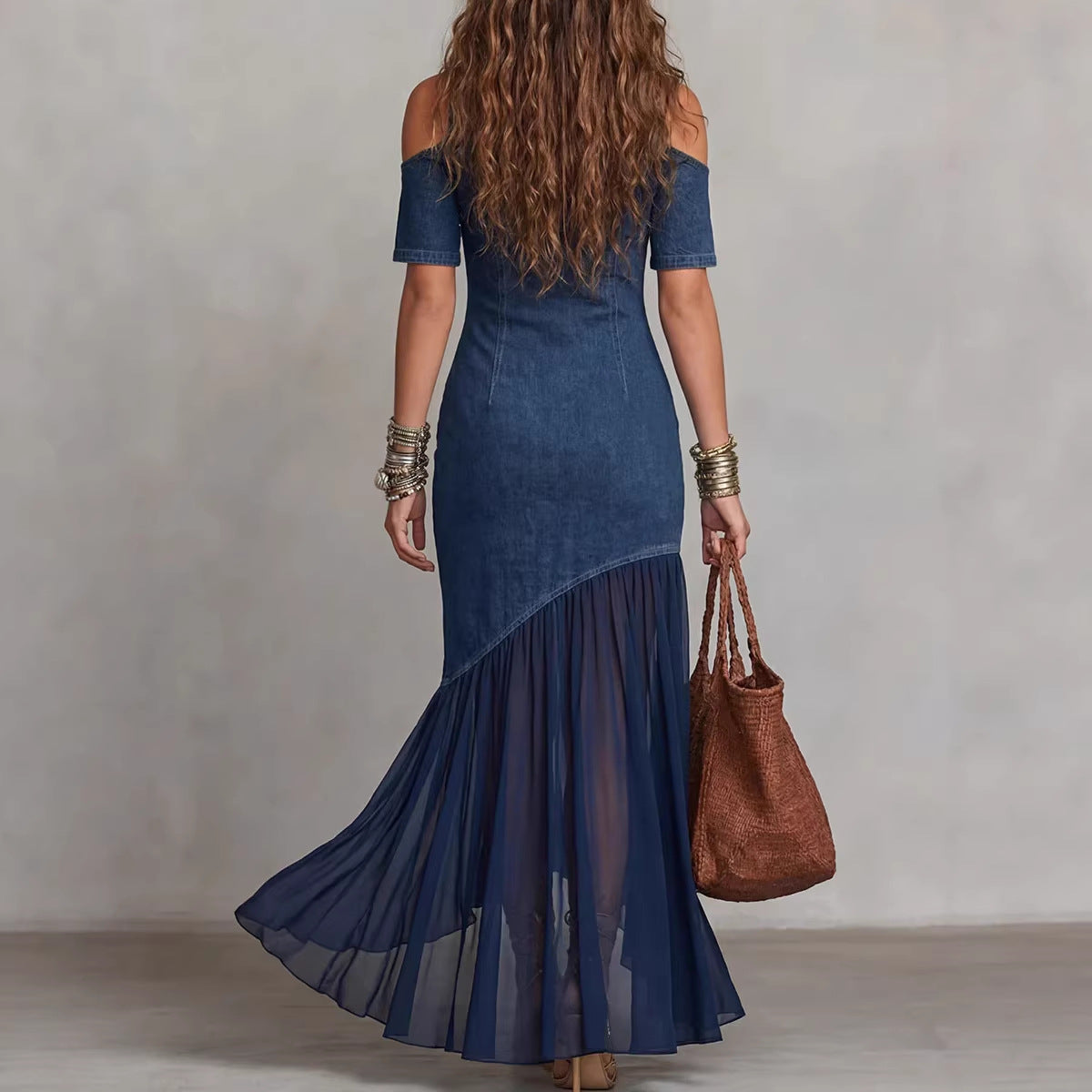 Off-Shoulder Mesh Hem Midi Dress – Slim Fit Short Sleeve Dress