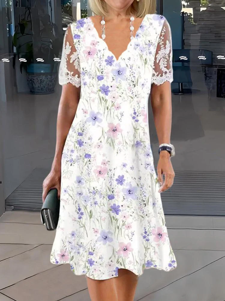 Youthful Floral Print Short Sleeve Mini Dress