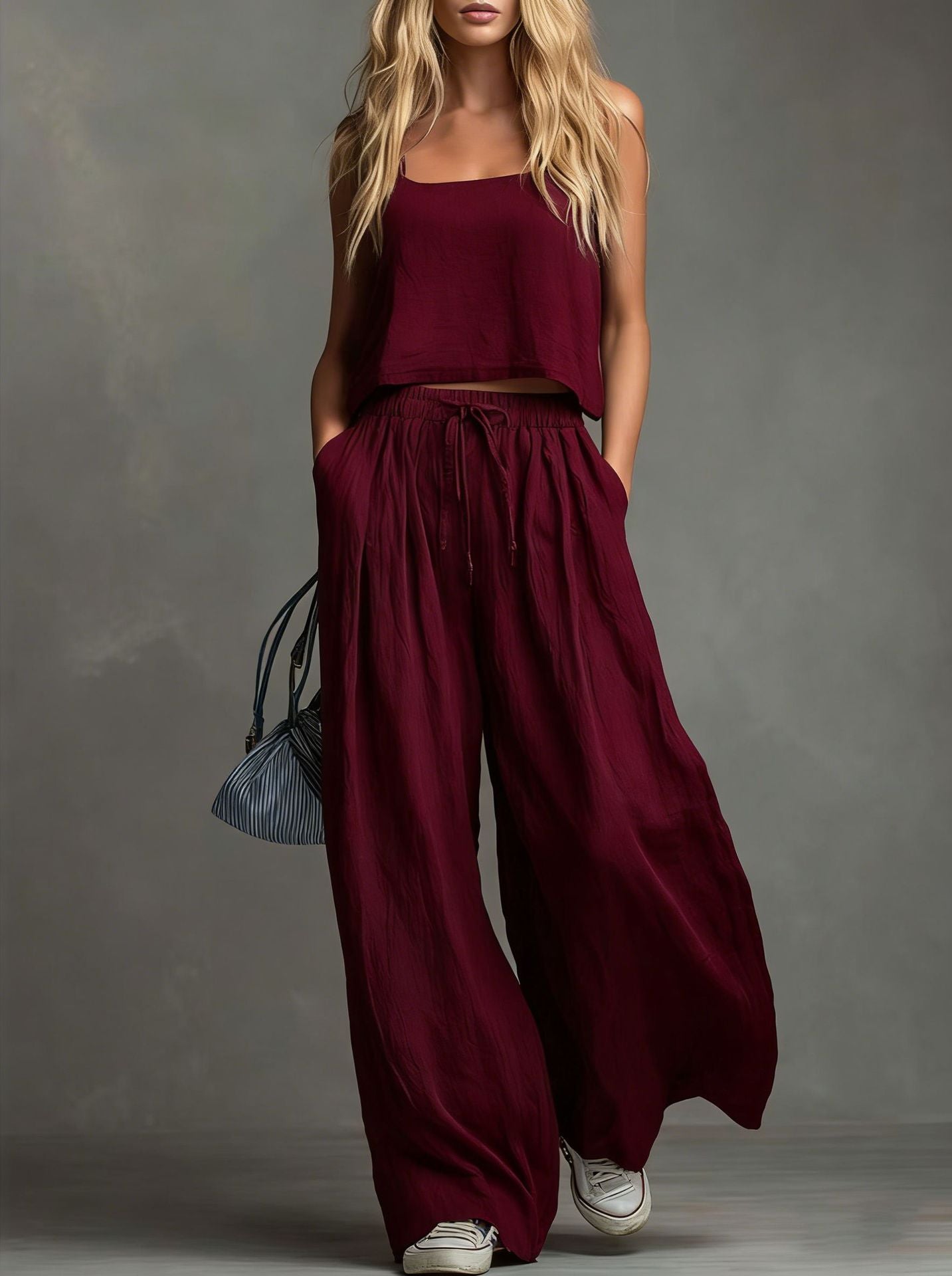 Solid Color Casual Cotton And Linen Suspender Tops Wide-Leg Pants Suit