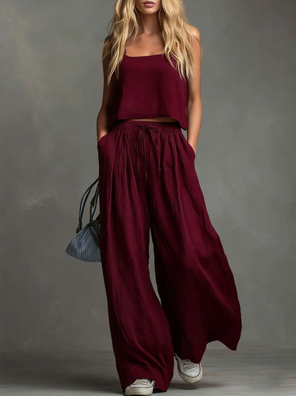 Solid Color Casual Cotton And Linen Suspender Tops Wide-Leg Pants Suit