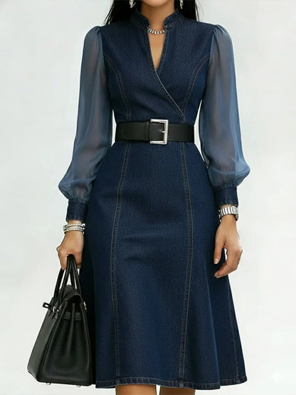 Belted Wrap V Neck Flared Hem Business Casual Dress