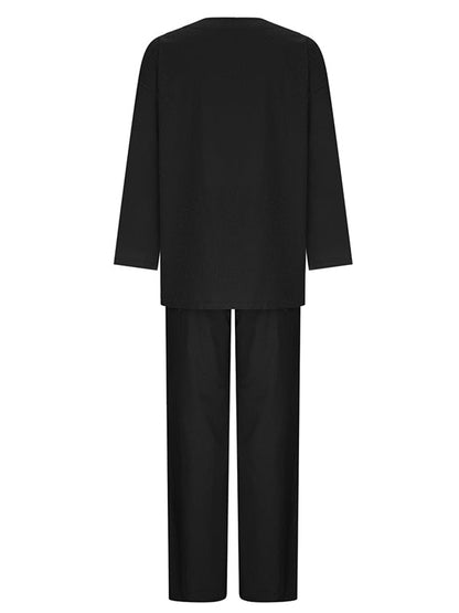 Solid Color Loose Long Sleeves Round-Neck Shirts Top + Drawstring Pants Bottom Two Pieces Set