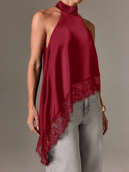 Satin Halter Asymmetrical Lace Hem Cami Top