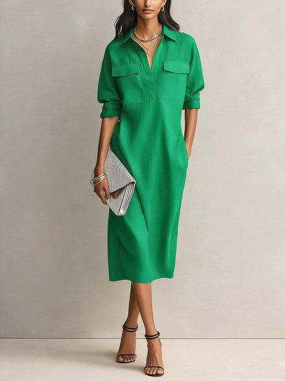 Utility Pocket Half Placket Midi Shirt Dress