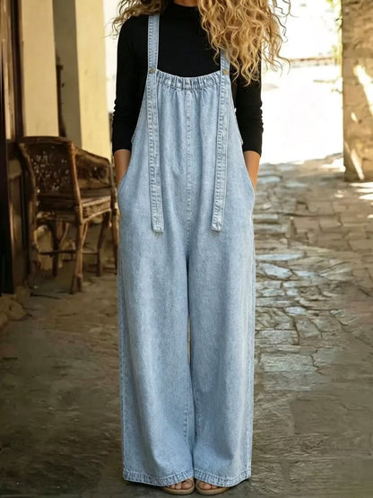 Vintage Washed Wide Leg Denim Overalls