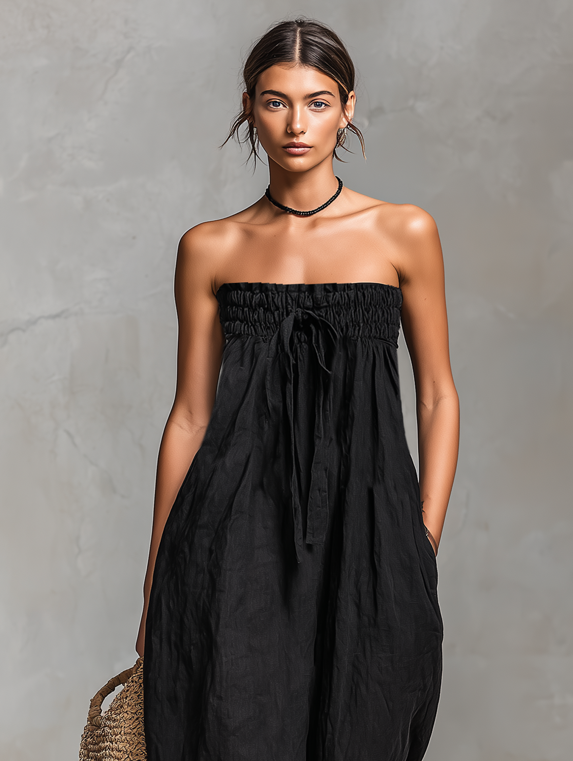 Women's Minimalist Loose-fitting Linen Blend Strapless Jumpsuit With Tie Closure