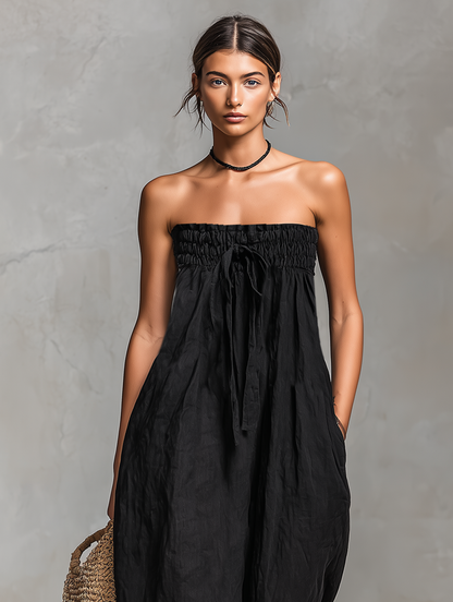 Women's Minimalist Loose-fitting Linen Blend Strapless Jumpsuit With Tie Closure