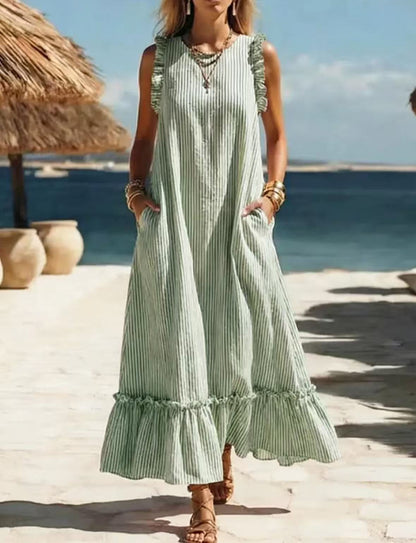 🌊 Coastal Striped Ruffle Maxi Dress