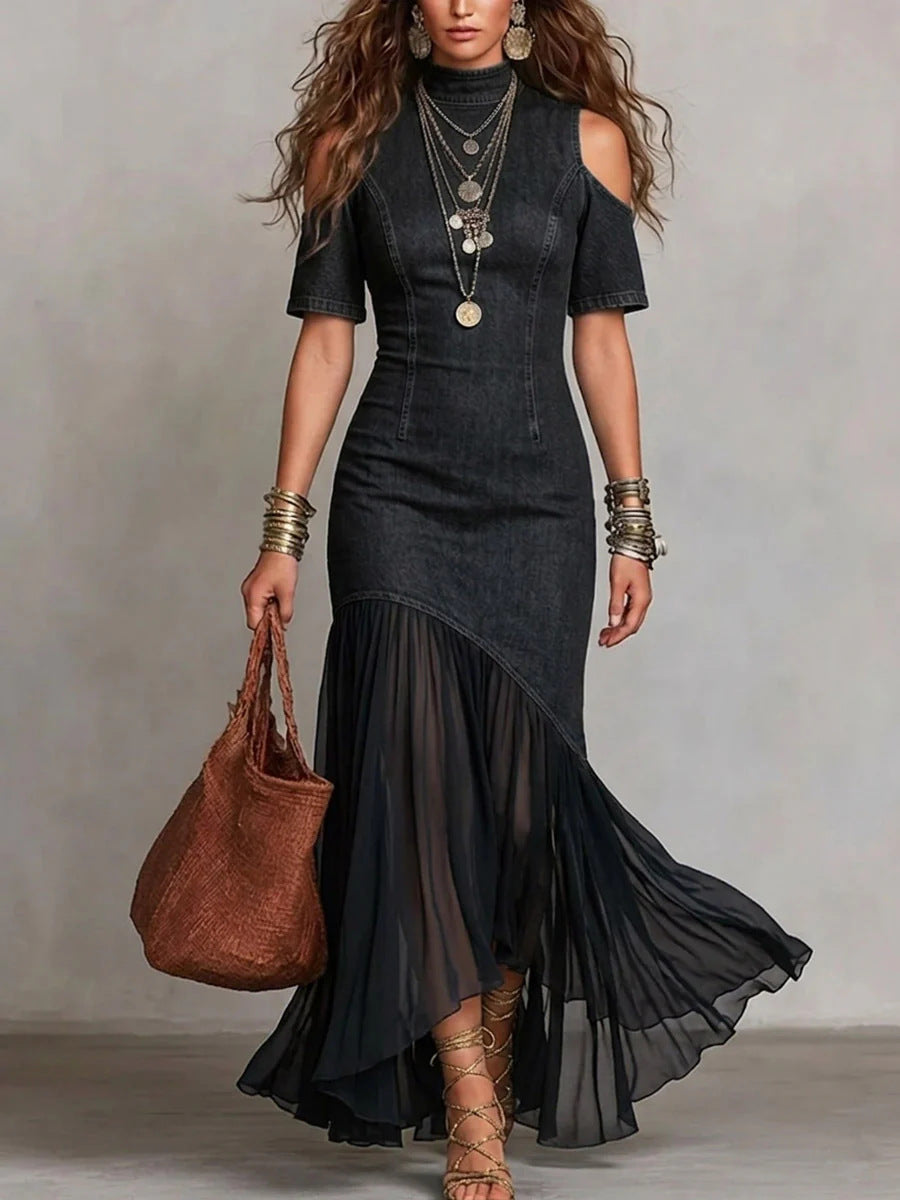 Off-Shoulder Mesh Hem Midi Dress – Slim Fit Short Sleeve Dress