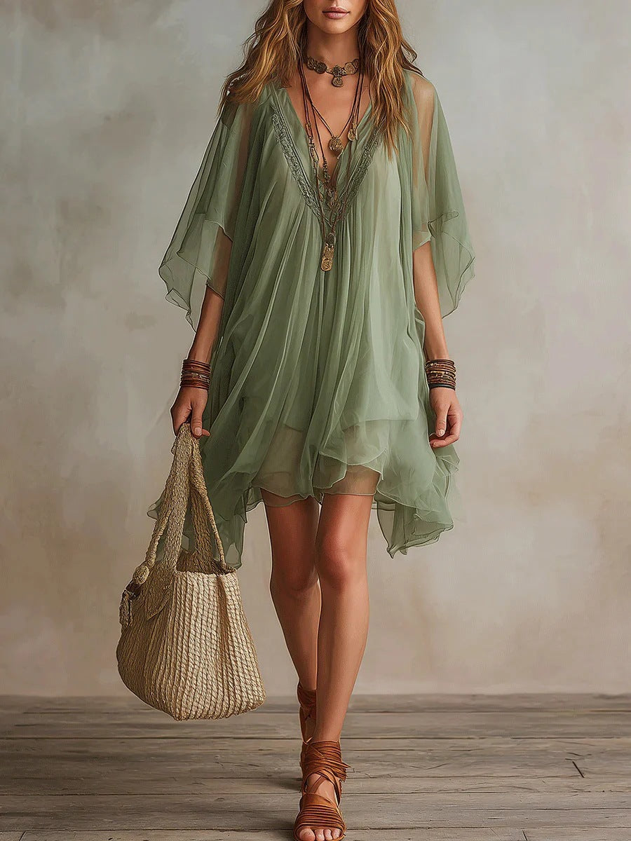 Fashion V-Neck Chiffon 2-Piece Dress Seaside Vacation Loose Blouse Beach Skirt