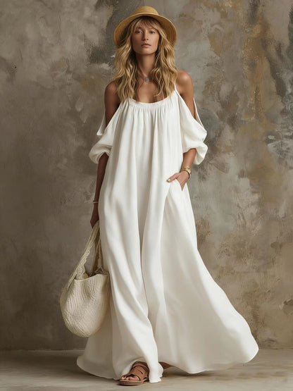 Cold Shoulder Puff Sleeve Pocketed Flowy White Maxi Caftan Dress