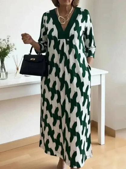 Elegant Art Print Color Block Trim V-neck Midi Dress